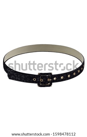Subject shot of a showy black fur belt with leopard pattern, a furry buckle and golden eyelets. The stylish belt is isolated on the white background.
