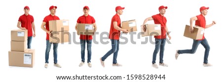 Set of delivery man with boxes on white background Royalty-Free Stock Photo #1598528944