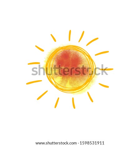 Vector Hand Drawn Watercolor Sun Painting Isolated on White Background, Bright Yellow and Red Colors.