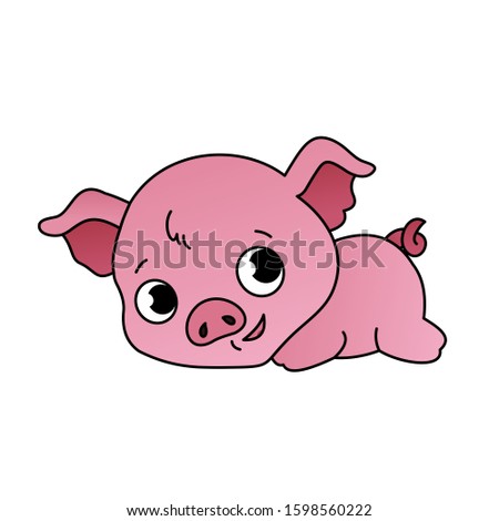 Illustration of Pig Cartoon, Cute Funny Character with, Flat Design