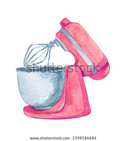 Hand drawn watercolor pink mixer on white background. Illustrations for bakery business. Doodle clip art