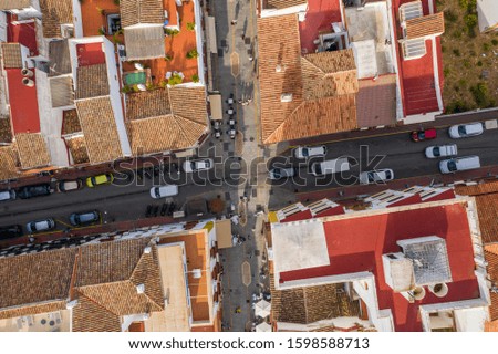 Aerial view of the crossroads of streets and roofs of houses Ronda Spain