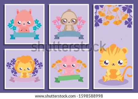 animals cartoons and flowers design, Kawaii expression cute character funny and emoticon theme Vector illustration