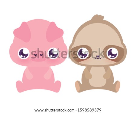 pig and sloth cartoons design, Kawaii animals expression cute character funny and emoticon theme Vector illustration