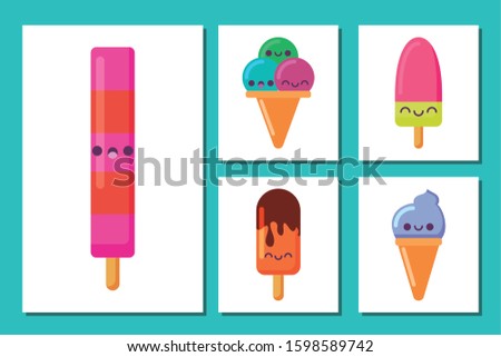 ice creams and popsicles cartoons design, Kawaii expression cute character funny and emoticon theme Vector illustration