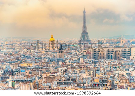 Paris view, with the Eiffel Tower, and the cupola of Les Invalides, Mausoleum of Napoleon, France. Royalty-Free Stock Photo #1598592664