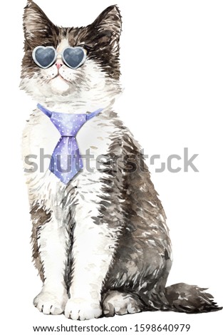 Watercolor norwegian forest cat with heart shaped sunglasses and necktie layer path, clipping path isolated on white background.