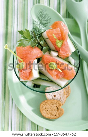 Cucumber with salmon and wasabi, snack