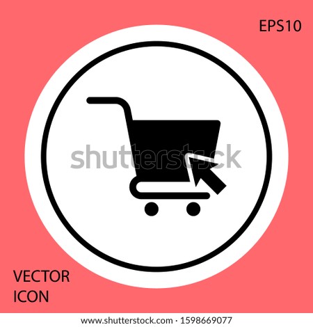 Black Shopping cart with cursor icon isolated on red background. Online buying concept. Delivery service sign. Supermarket basket symbol. White circle button. 