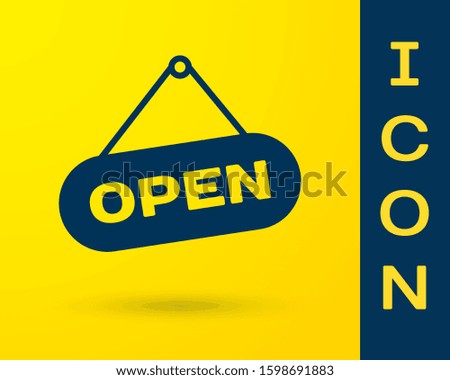 Blue Hanging sign with text Open door icon isolated on yellow background. 