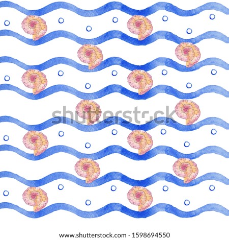 Pattern of watercolor sea shells and waves on a white background. Use for invitations, birthdays, menus.