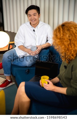 Woman taking interview in office stock photo