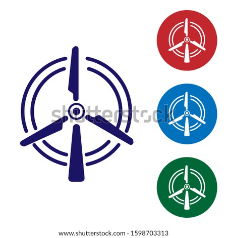 Blue Rotating wind turbine icon isolated on white background. Wind generator sign. Windmill silhouette. Windmill for electric power production. Set color icon in circle buttons. 