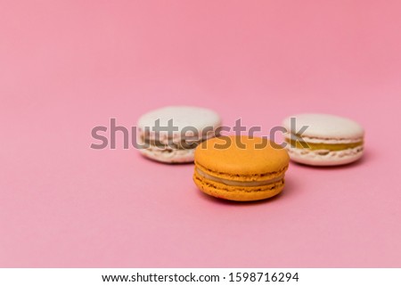 Multi-colored macaroon cakes on a blue pastel background