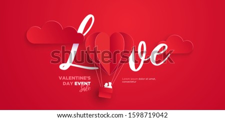 Beautiful red paper cut and craft style valentine's day sale banner with hot air balloon and love letter background vector illustration