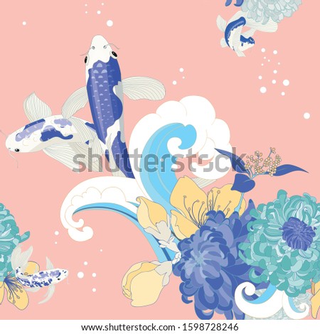 Seamless Koi Fish Asian Abstract Vector Pattern Flower Wallpaper Vintage Textile