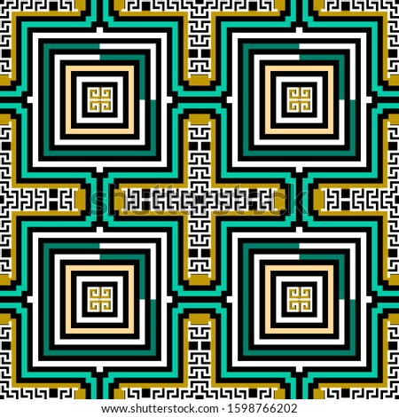 Striped colorful vector seamless pattern. Greek background. Geometric repeat abstract backdrop. Geometry shapes, stripes, lines, greek key meanders, squares. Optical illusion style beautiful design.