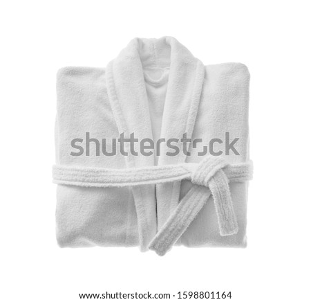 Clean folded bathrobe isolated on white, top view Royalty-Free Stock Photo #1598801164