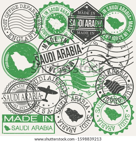 Saudi Arabia Set of Stamps. Travel Passport Stamp. Made In Product. Design Seals Old Style Insignia. Icon Clip Art Vector.