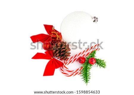 New Years Background. Christmas decoration isolated on white. Xmas celebration pattern. Flat lay design. Copy Space.