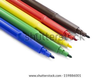 Set of five multicolor felt pens isolated over white
