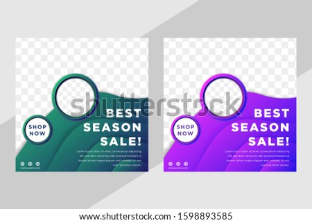 Set of promotion square banners. best season sale. curve shape with gradient green and purple colors. space for photo on top and circle. modern geometric background fluid style. 