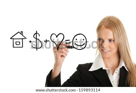 Woman holding pen drawing happiness formula on white screen