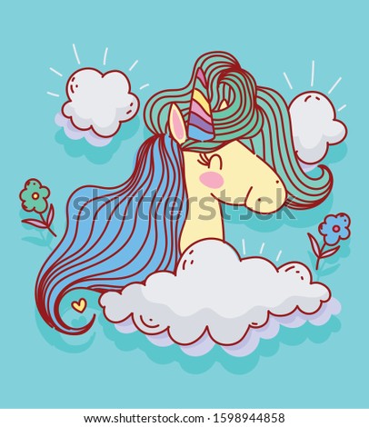 unicorn flowers sky clouds fantasy magic cartoon vector illustration