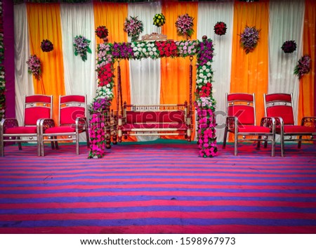 Wedding decoration element. Lights, entrance gate, Shower, Drinks, Flowers, Couple Stage,