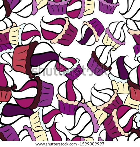 Vector illustration. Cream. Endless pattern, purple, black and white background. Purple, black and white color. Wrapping paper. Seamless pattern with sweet desserts.