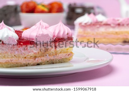 Homemade cream layer biscuit cake with strawberry