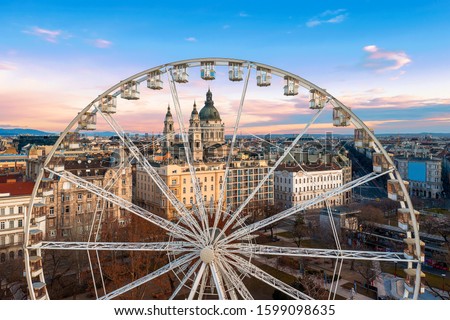 Europe, Hungary, Budaopest. Ferris wheel In Hungary Budapest. Erzsebet square, St Stephen Basilica, Andrassy street. Budapest Eye