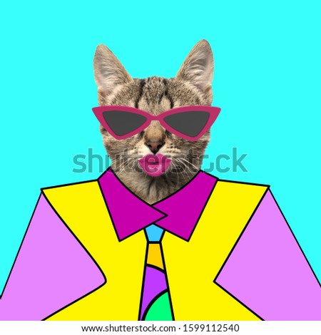 Trendy art collage design. Concept cat wearing sunglasses and suit.