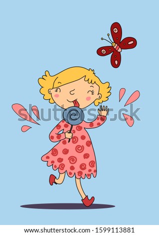 Funny blonde girl with Lollipop having fun running after a butterfly, vector illustration