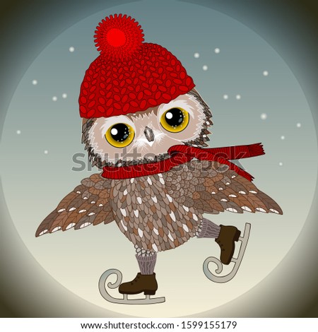cool owl skater dressed in a red scarf and hat is skating, color vector detailed illustration