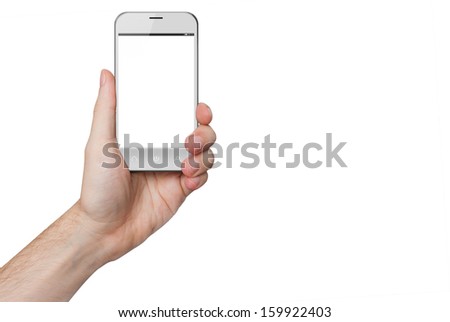 isolated male hand holding a white phone similar to smart phone with isolated screen