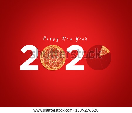 Happy New Year 2020 concept for restaurant or pizza brand isolated on gorgeous red background. pizza slice eaten.