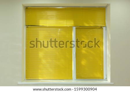 Window with yellow jalousie, protective roller blinds close up, window shutters, white background. Easy editable illustration