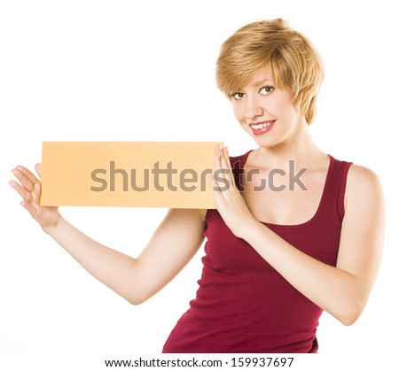 blonde holding a blank poster.