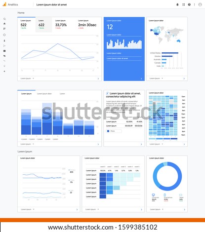 Google analytics infographic chart. Traffic statistic on website. World map audience. Marketing work flow and template. Ads analisis mock up. Editorial progress presentation. Vector illustration. Royalty-Free Stock Photo #1599385102