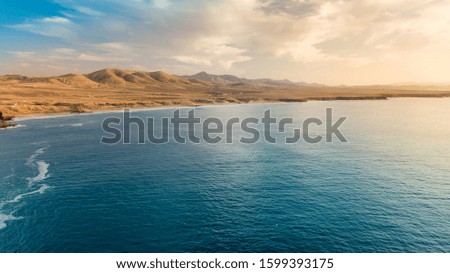 Aerial view west coast of Fuerteventura at sunset, canary islands
