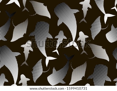 Whales, manta rays, sharks, whale shark fishes vector seamless pattern. Wildlife under water ocean animals monochrome black and white background. Flat silhouette sea mammals icons set.