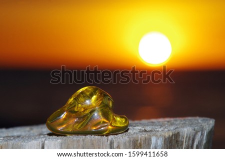 piece of beautiful baltic amber on sunset background