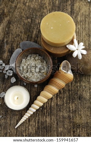 white flower with candle, stones ,soap ,shell on driftwood texture