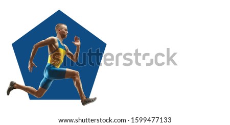 Professional runner, athlete practicing. Sportsman training on white background, flyer for your ad. Concept of competition, sport, healthy lifestyle, action, motion and movement. Geometric design.