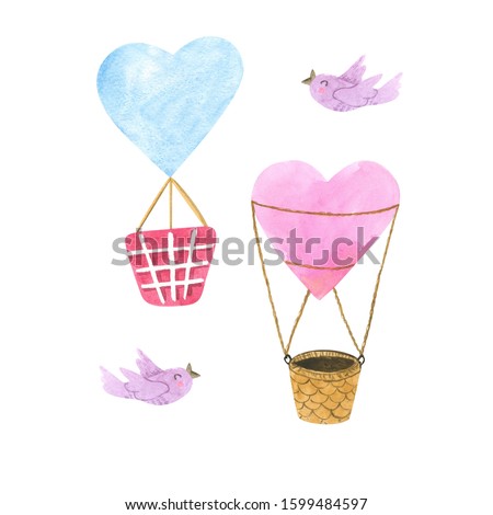 Watercolor baby clip art. Colorful Air balloon flying, red and blue hearts. Kids prints. Cute little animal for Valentine's day prints. Happy romantic cartoon bird isolated on white background.