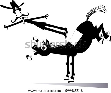 Cartoon rider falls from the horse isolated illustration. Funny long mustache man or cowboy falling down from the horse black on white 
