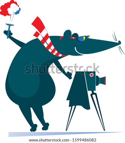 Cartoon rat or mouse a photographer isolated illustration. Funny rat or mouse makes photo using a retro camera isolated on white
