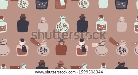 Seamless pattern with colorful magic cartoon bottles and love potions on brown. Vector illustration. Magic elixir hand drawn pattern design on dark background. Scandinavian style magician pattern