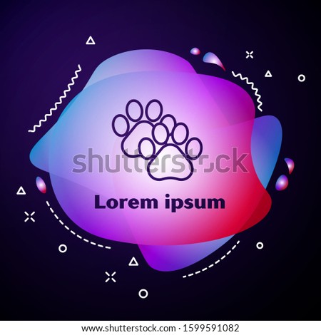 Purple line Paw print icon isolated on dark blue background. Dog or cat paw print. Animal track. Abstract banner with liquid shapes. 